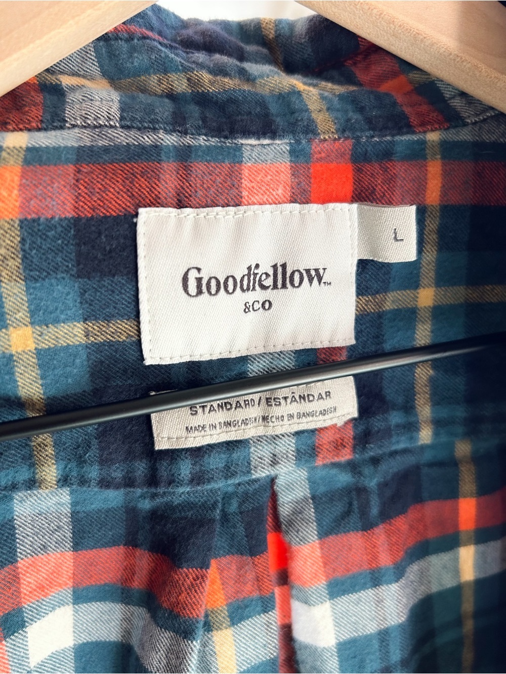 Men’s Goodfellow & Co Flannel Button Down Shirt - Navy Orange Plaid - Size L